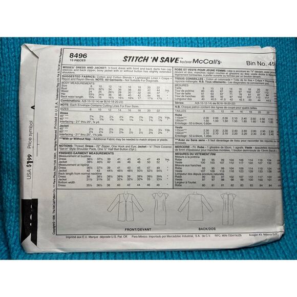 McCalls 8496 Sewing pattern dress blazer size 8 10 12 14 - Picture 3 of 6